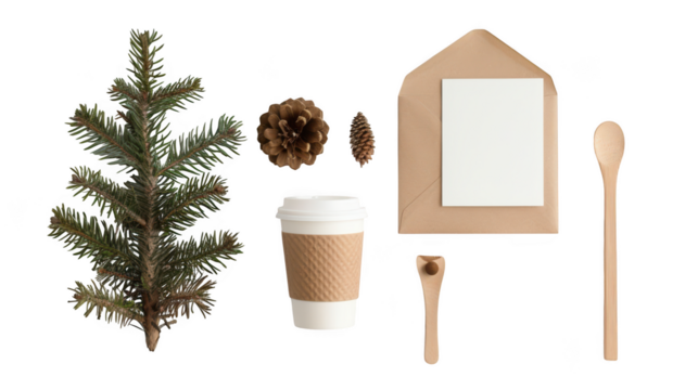 A festive flat lay composition featuring a pine tree branch, pinecones, a coffee cup, an envelope with a blank card, and wooden utensils isolated on a transparent background