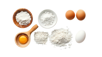 A collection of baking ingredients including flour, eggs, and a wooden spoon with egg yolk, arranged neatly on a transparent background