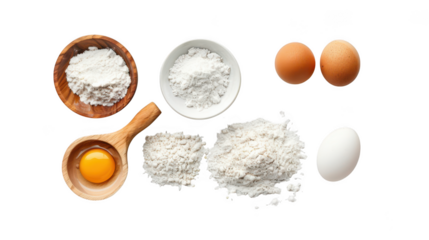 A collection of baking ingredients including flour, eggs, and a wooden spoon with egg yolk, arranged neatly on a transparent background