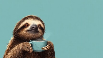 Fototapeta premium Sloth drinking coffee cartoon illustration funny animal