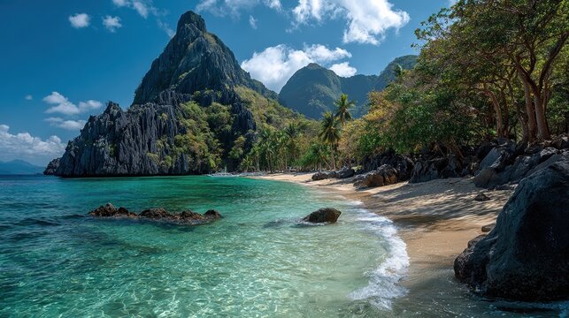 Beach landscape in Palawan island, Philippines. Seven Commandos Beach., no logos, no brands