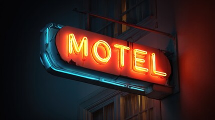 A neon motel sign hanging from a building. Suitable for advertising or travel concepts