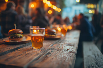 Enjoying delicious burgers and cold beer with friends on a warm evening outdoors