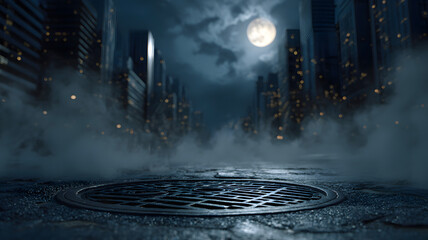 Eerie full moon shines over foggy city street with glowing lights and manhole