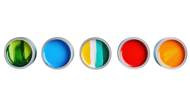 A vibrant collection of five open paint cans, each filled with a different bright color, isolated on a transparent background