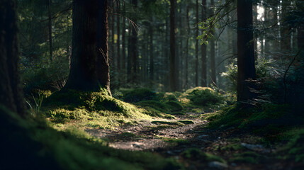 Obraz premium Sunlit forest path beckons with mossy ground and towering trees