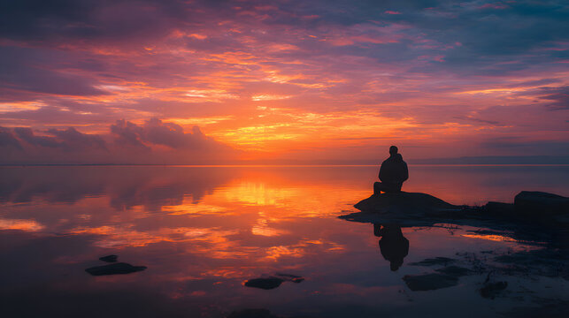 Man watches stunning vibrant sunset over calm water, reflection mirrors colorful sky