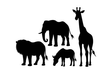 Silhouette depiction of a lion, elephant, zebra, and giraffe standing together on a white background