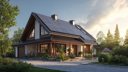 A house with solar panels on the roof under bright sunlight