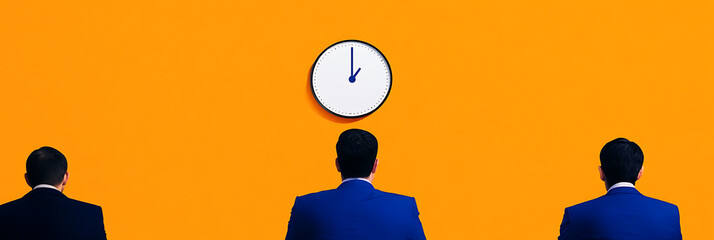 Business People Watching the Clock: Three figures against a vibrant orange background, symbolizing the importance of timing and efficiency in commerce.