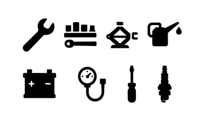Obraz premium Silhouette tools set: wrench, oil can, screwdriver, spark plug icons