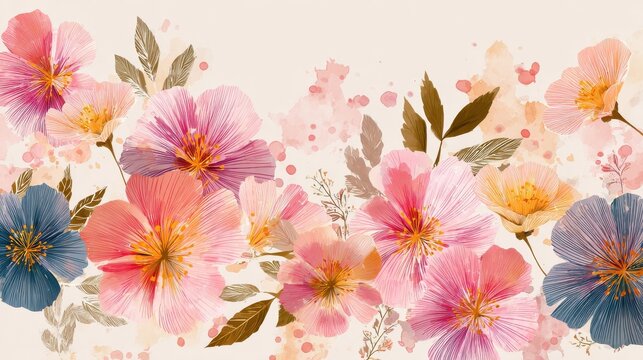 Flower watercolor art background vector. Wallpaper design with floral paint brush line art. leaves and flowers nature design for cover, wall art, invitation, fabric, poster, canvas print., no logos,  - Powered by Adobe