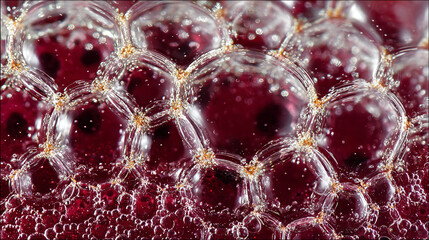 Crimson liquid surface with interconnected translucent spheres and sparkling highlights macro bubbles