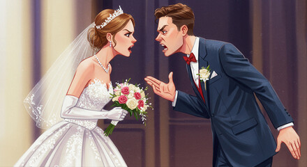 Bride and groom arguing during wedding ceremony indoors. arguing couple in wedding attire