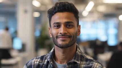 Fototapeta premium Handsome indian male Software Developer in a modern office, radiating confidence with a subtle smile. Embodies expertise and innovation in the fast-paced tech industry. Generative AI