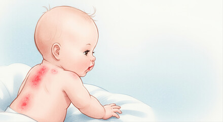 baby with rash on back. child with skin irritation sitting on a soft surface in light setting  