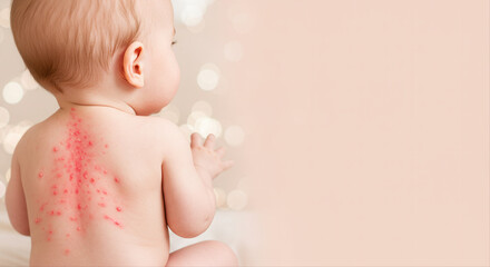 baby with rash on back. child with skin condition looking back on soft background  