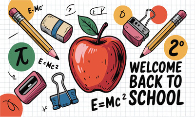 Scalable modern vector illustration based on a welcome back-to-school theme, Welcome Back to school horizontal banner, doodle on checkered paper background, easily editable.