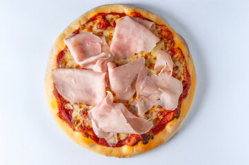 Classic Italian Margherita pizza with fresh tomato sauce, melted mozzarella, and prosciutto crudo, captured from above on a white background. Natural light enhances this popular pizzeria dish, ideal f