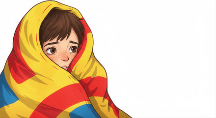 boy hiding under blanket scared. Young boy wrapped in colorful blanket with a worried expression  