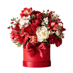 Red and white flower arrangement in a red box