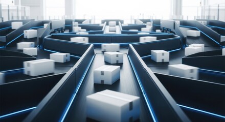 Abstract delivery system white packages moving on blue-lined conveyor belts