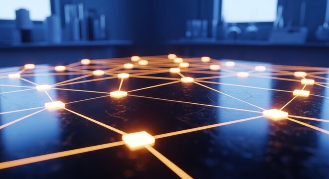 Abstract glowing network grid on dark surface, blurred background