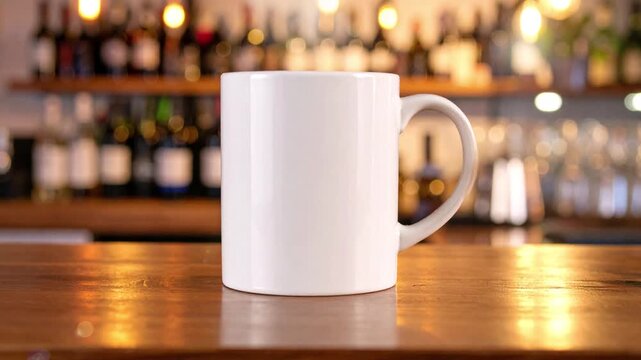 White ceramic coffee mug mockup on a rustic wooden table. The background shows a blurry bar with warm bokeh lights and shelves of bottles, perfect for adding a custom logo or design. Cozy cafe scene.