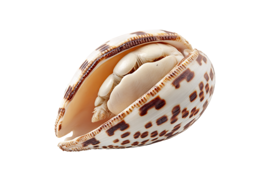 Close-up of a seashell, ovate shape, with intricate patterned shell