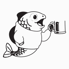 Cheerful Cartoon Fish in Sweater Holding Beer Mug - Happy Aquatic Character Enjoying a Drink