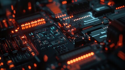 Fototapeta premium Illuminated Circuit Board with Glowing Microchip Technology Background : Generative AI