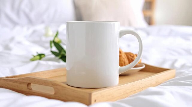 Cozy morning scene featuring a blank white ceramic mug on a wooden tray, with breakfast in bed. Includes a croissant and a white flower on rumpled white sheets, perfect for mockups and promotions.