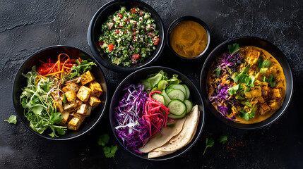 Delicious assortment of vibrant healthy food bowls with fresh ingredients colorful vegetarian