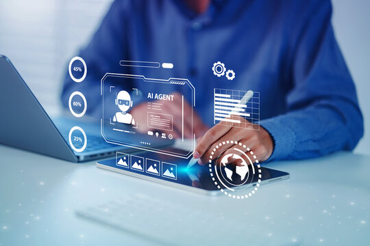 AI assistants support human artificial for data analysis Intelligence technology, man pointing tablet using AI assistant dashboard their goals agentic workflows, advertising, marketing, innovation