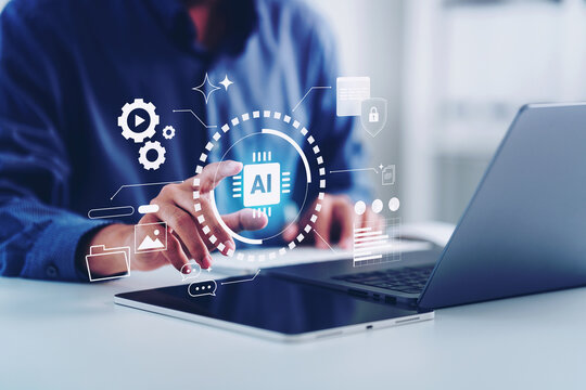 AI assistants support human artificial for data analysis Intelligence technology, man pointing AI assistant dashboard their goals agentic workflows, advertising, marketing, automate, innovation