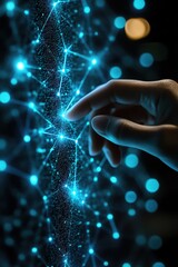A closeup of a hand touching a digital network, signifying human interaction with advanced technology