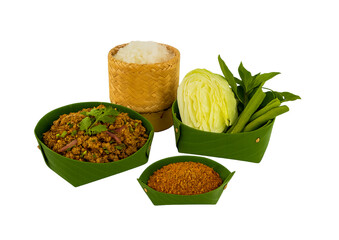 thai food, isaan cuisine, laab, sticky rice, fresh vegetables, cabbage, long beans, thai herbs, chili powder, banana leaf container, eco packaging, traditional food, asia