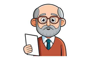Friendly bald caucasian professor with glasses and beard holding a paper document in a casual setting