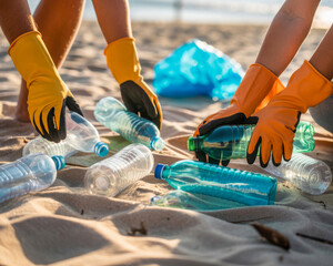 Volunteers collect trash on a sandy beach contributing to a cleaner, healthier environment now