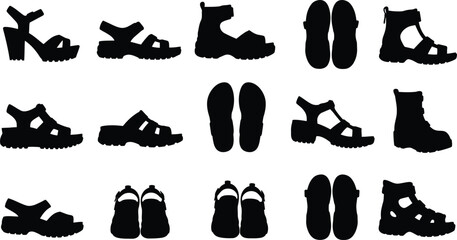 Comprehensive vector silhouettes of various sandals and open-toed footwear styles, perfect for fashion, summer, casual wear, and outdoor-themed designs.
