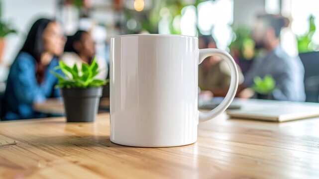 White coffee mug mockup on a wooden table in a modern office. In the blurred background, a diverse group of colleagues is having a business meeting. The scene evokes collaboration and coffee breaks.