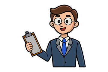 Friendly cartoon businessman with glasses holding a clipboard ready for business tasks