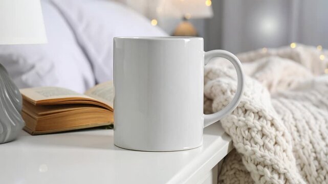Blank white mug on a bedside table in a cozy bedroom setting. Perfect for mockup designs, with a warm blanket, an open book, and soft lighting creating a relaxing and hygge atmosphere.