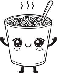 Delightful Kawaii Noodle Cup Character with Spoon, Steam, Arms, Legs and Endearing Facial Expression, a Fun Black and White Design