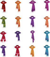Diverse vector collection of colorful scarves in various styles and folds, perfect for fashion, accessories, winter wear, and seasonal clothing designs.