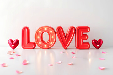 Illuminated 3D text LOVE standing on a glossy surface with heart shapes and rose petals scattered, evoking romance, warmth, and modern love aesthetics