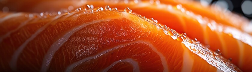 A Macro shot highlighting the detailed texture and vibrant orange color of fresh raw salmon meat, emphasizing its freshness and quality