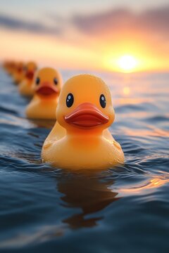 A line of rubber ducks floats serenely on calm waters during sunset, representing peace and simplicity