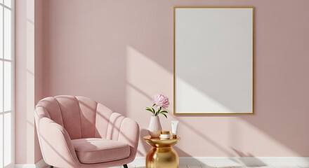 An empty frame on a pastel pink wall adorned with a golden side table and a matching armchair, evoking a sense of elegance and space.