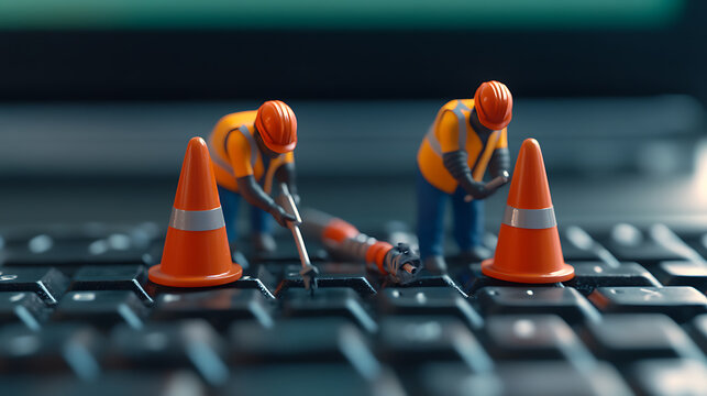 Miniature construction workers fixing a keyboard, highlighting the need for IT support and system maintenance, symbolized in a creative and playful way.
